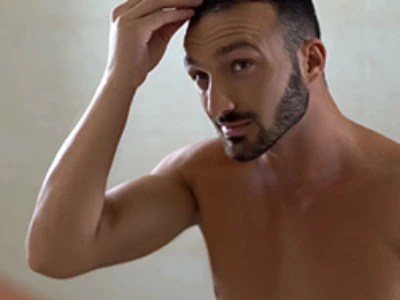 A man looking in the mirror, touching his hairline with his hand.