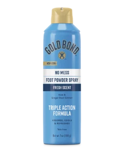 Front of Gold Bond No Mess Foot Powder Spray can