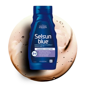 Front view of Selsun blue® 2-in-1 shampoo bottle