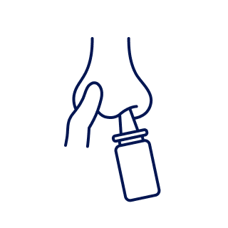 Step 3 icon: a finger blocks one side of nostril, and spray bottle is inserted into the other nostril