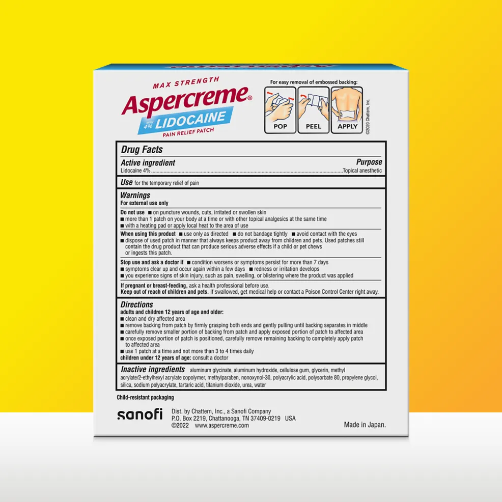 Aspercreme® Lidocaine Pain Relief Patch products. Patch and front and back of product packaging