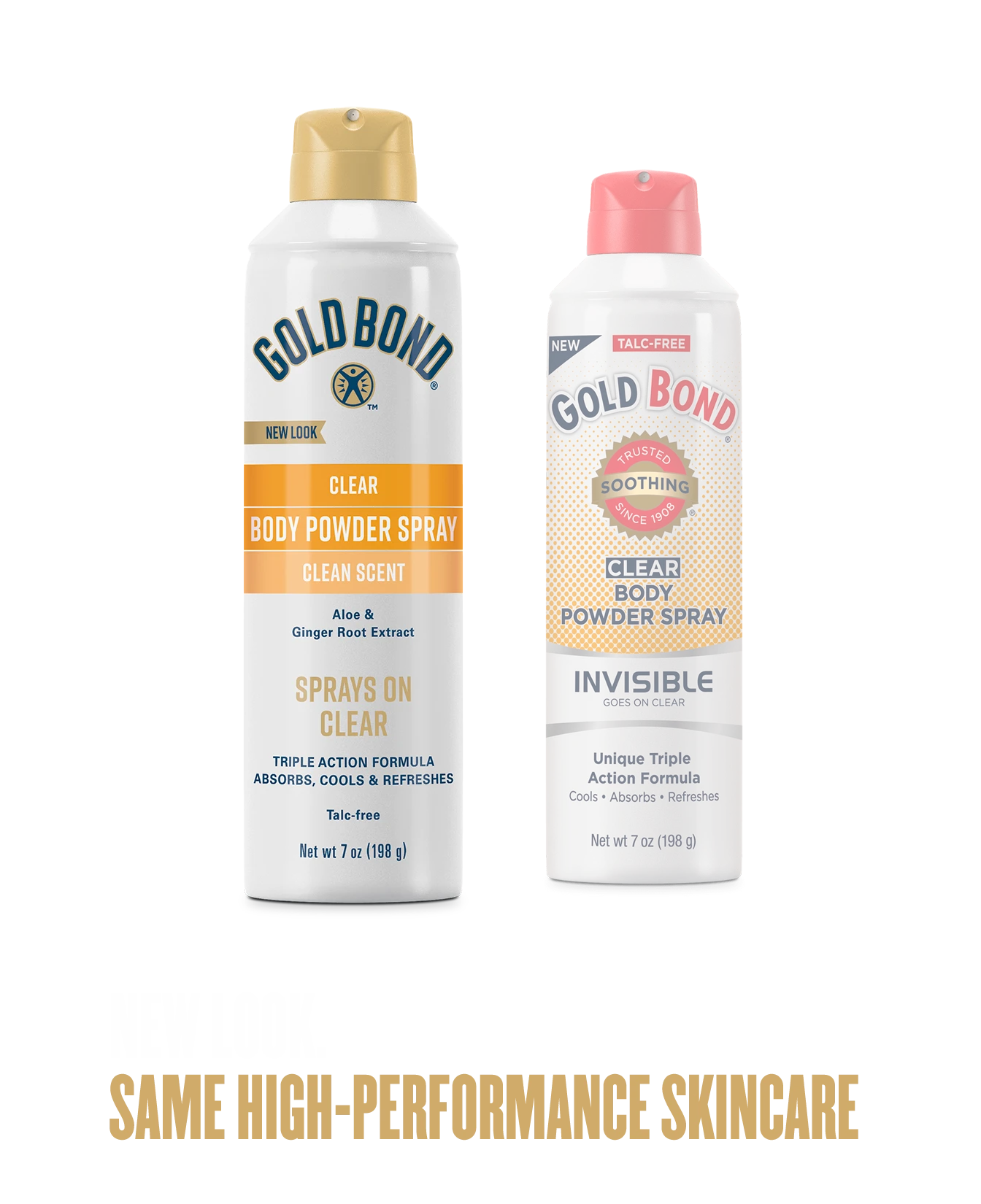 Front of Gold Bond Clear Body Powder Spray can (New vs. Old)