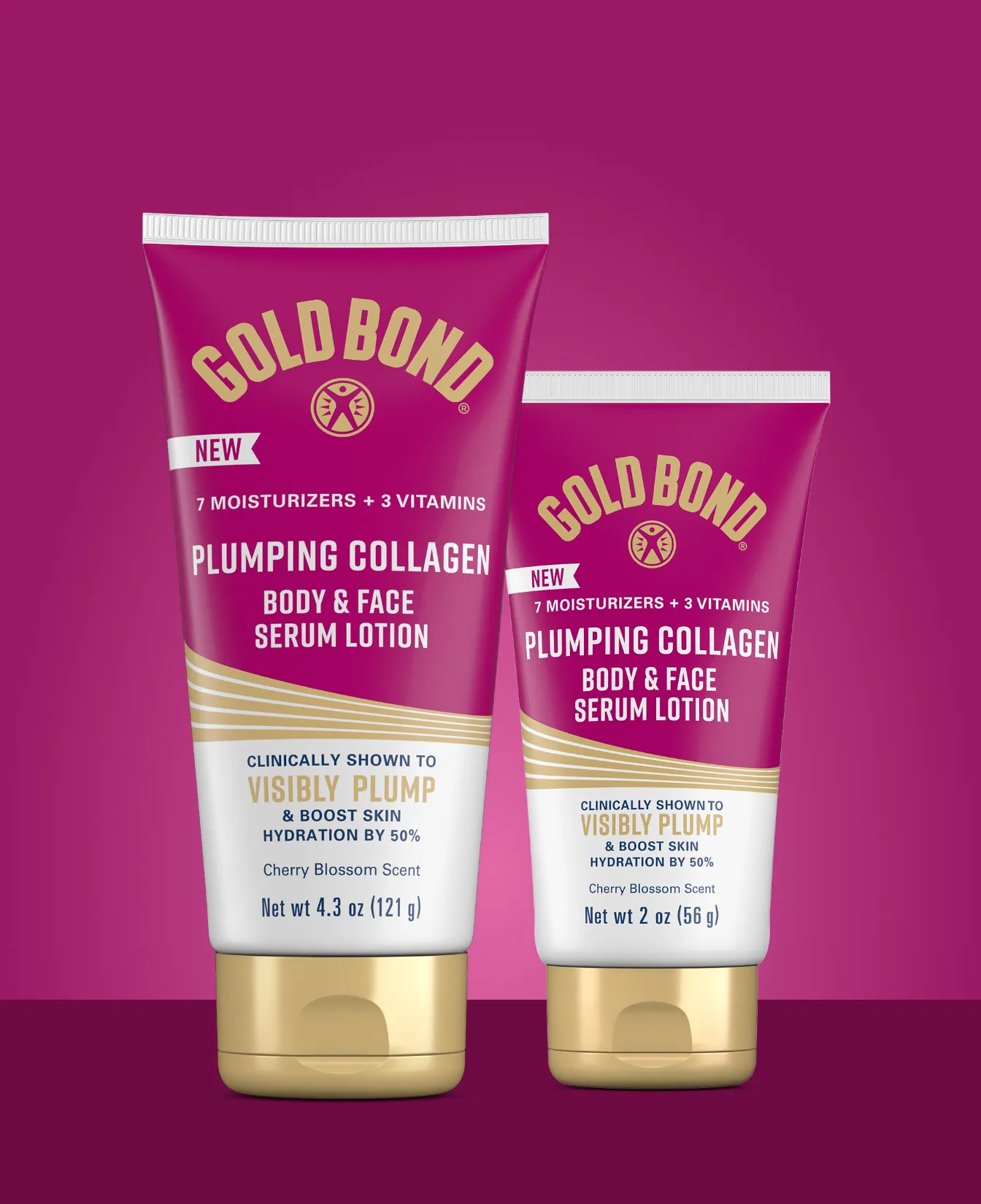 Gold Bond Plumping Collagen Lotion Body and Face Serum Lotion packaging and benefit statements.