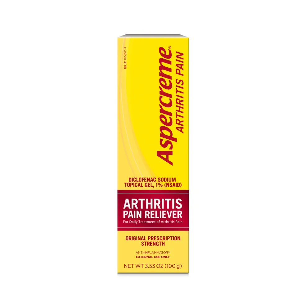 Aspercreme® Arthritis Pain Relief Gel products. Front and back of product packaging and product tube