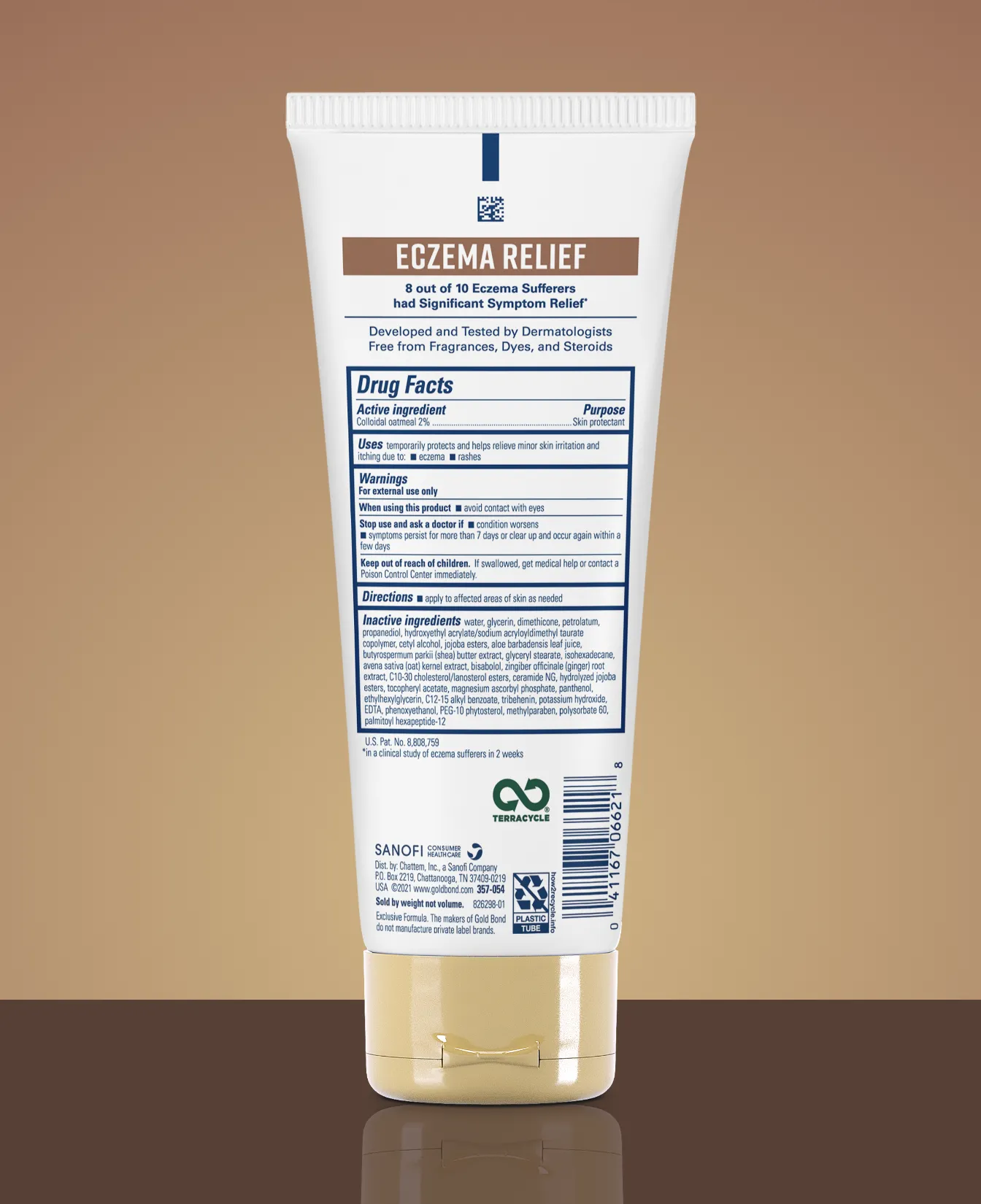 Packaging of Gold Bond® Eczema Relief Medicated Skin Protectant Cream/Lotion and benefit statements.