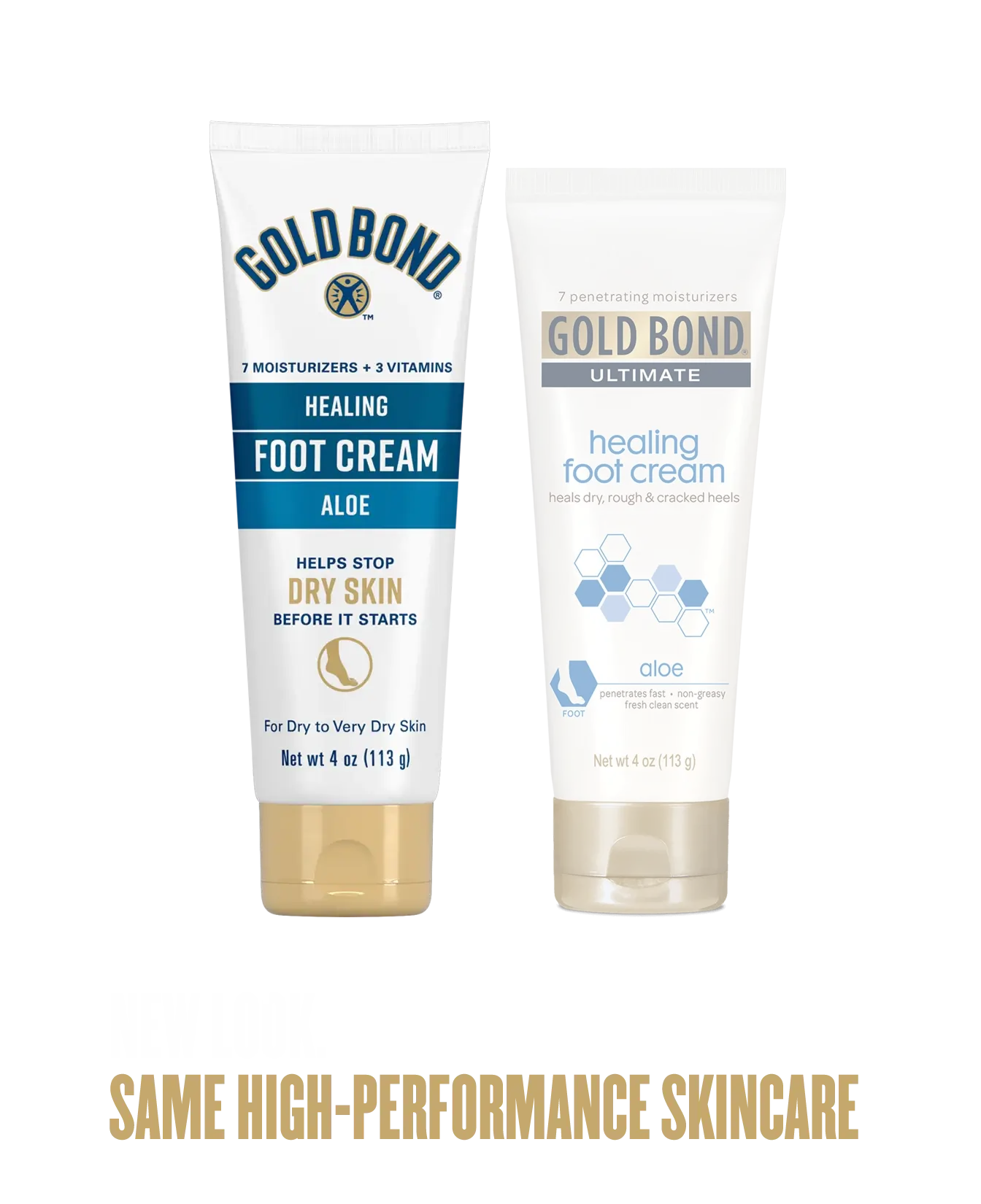 Front of Gold Bond Healing Foot Cream tube (Old vs New)