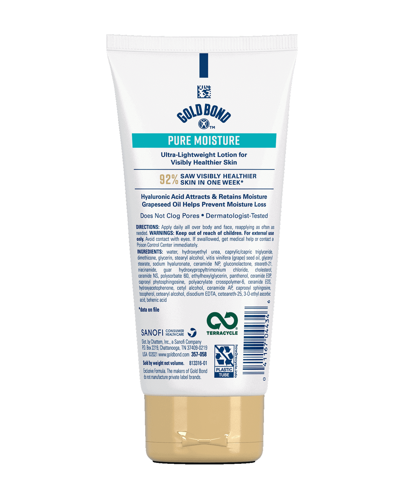 04434-GBH-AdvHealing_Ointment-5.5oz-Tube-B.png - Back of NEW Gold Bond® Pure Moisture Body and Face Lotion tube