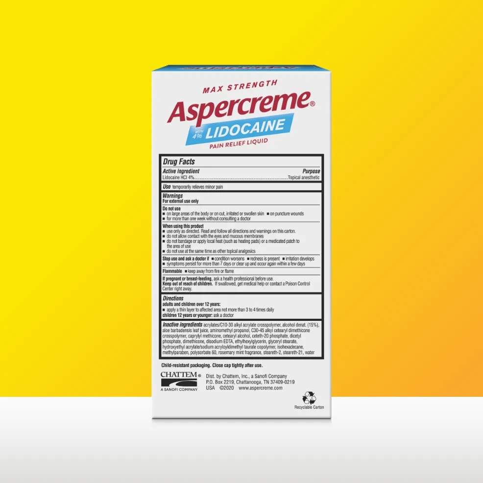 Aspercreme® Lidocaine Pain Relief Roll-On With Essential Oils products. Front and back of packaging and roll-on bottles