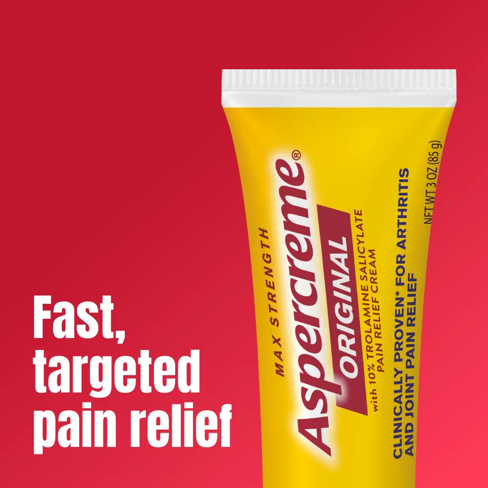 Aspercreme® Pain Relief Cream products: front and back of packaging and tube