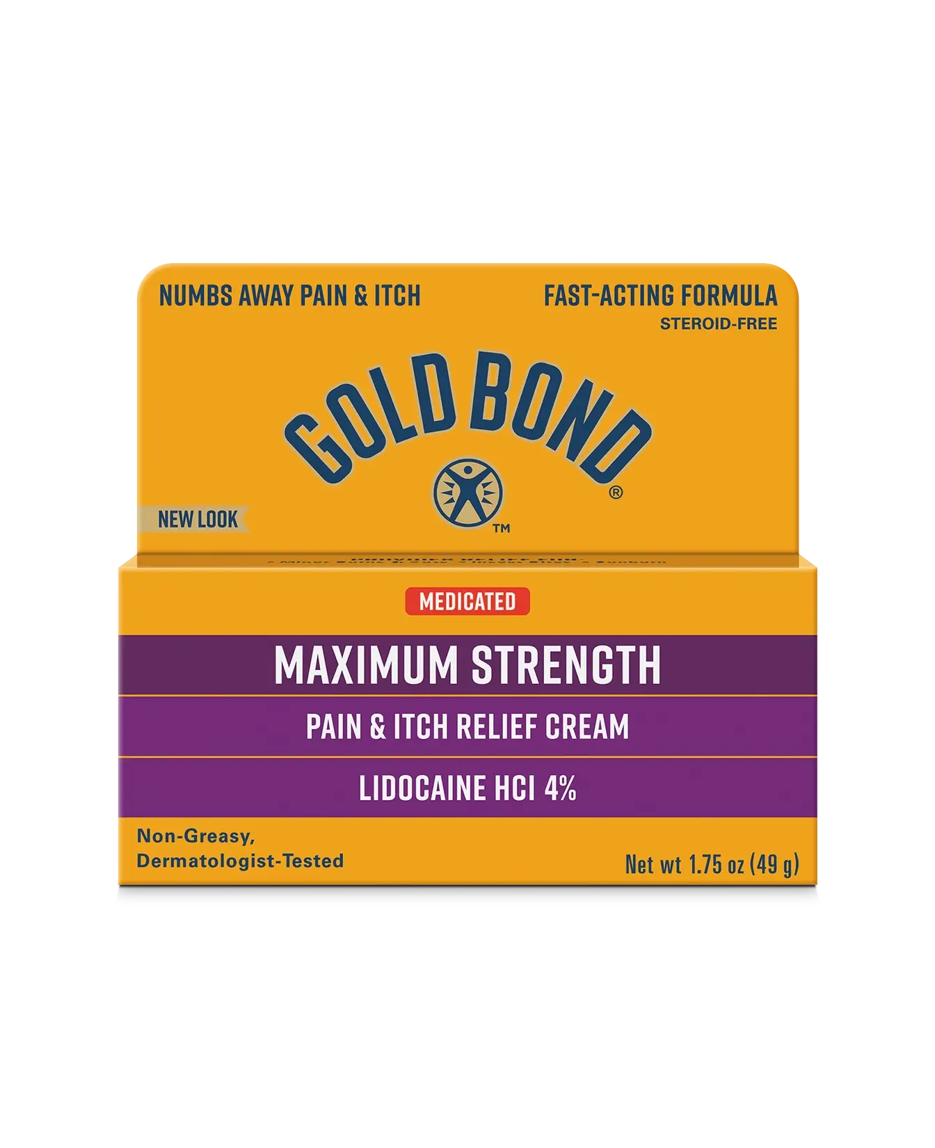 Front of Gold Bond Medicated Pain & Itch Relief Cream with Lidocaine box