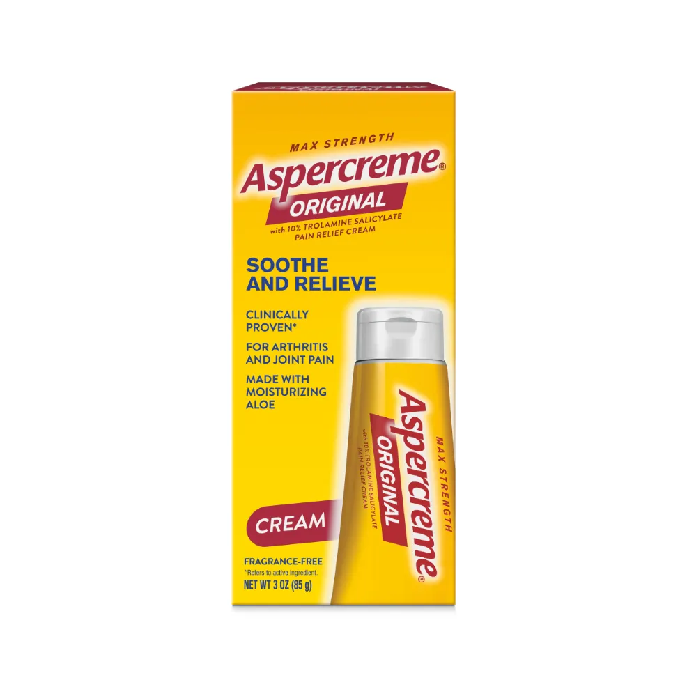 Aspercreme® Pain Relief Cream products: front and back of packaging and tube