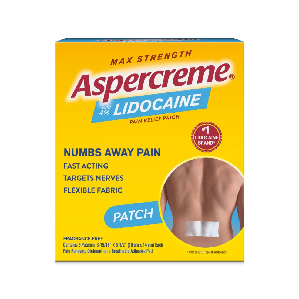 Aspercreme® Lidocaine Pain Relief Patch products. Patch and front and back of product packaging