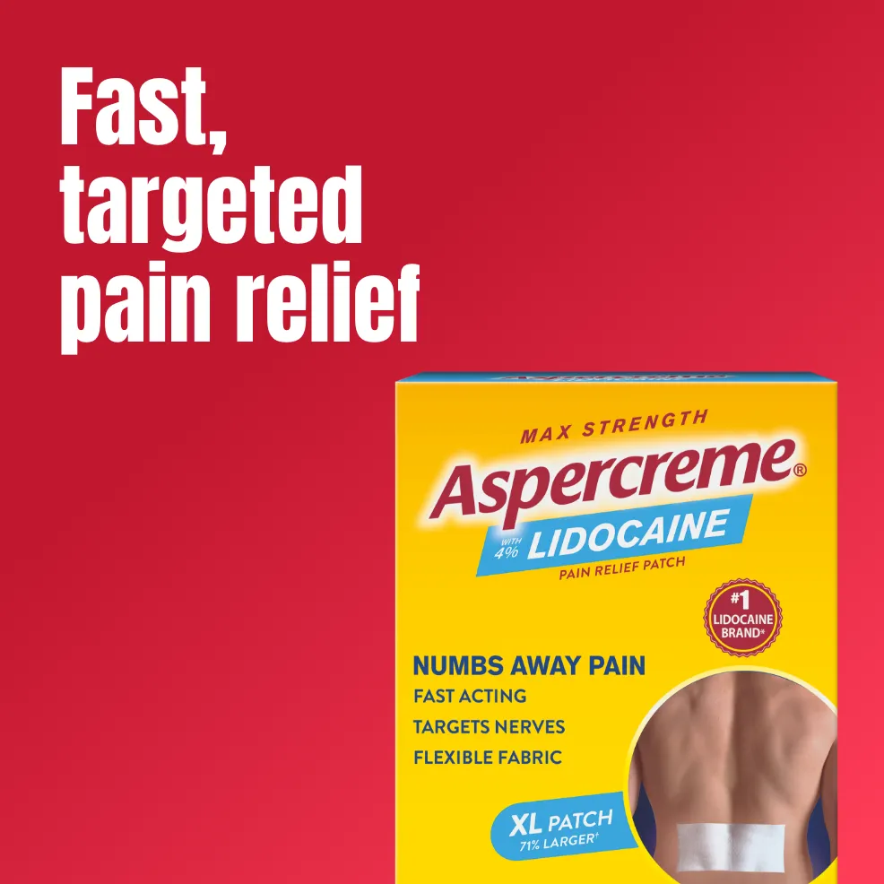 Aspercreme® Lidocaine Pain Relief Patch products. Patch and front and back of product packaging