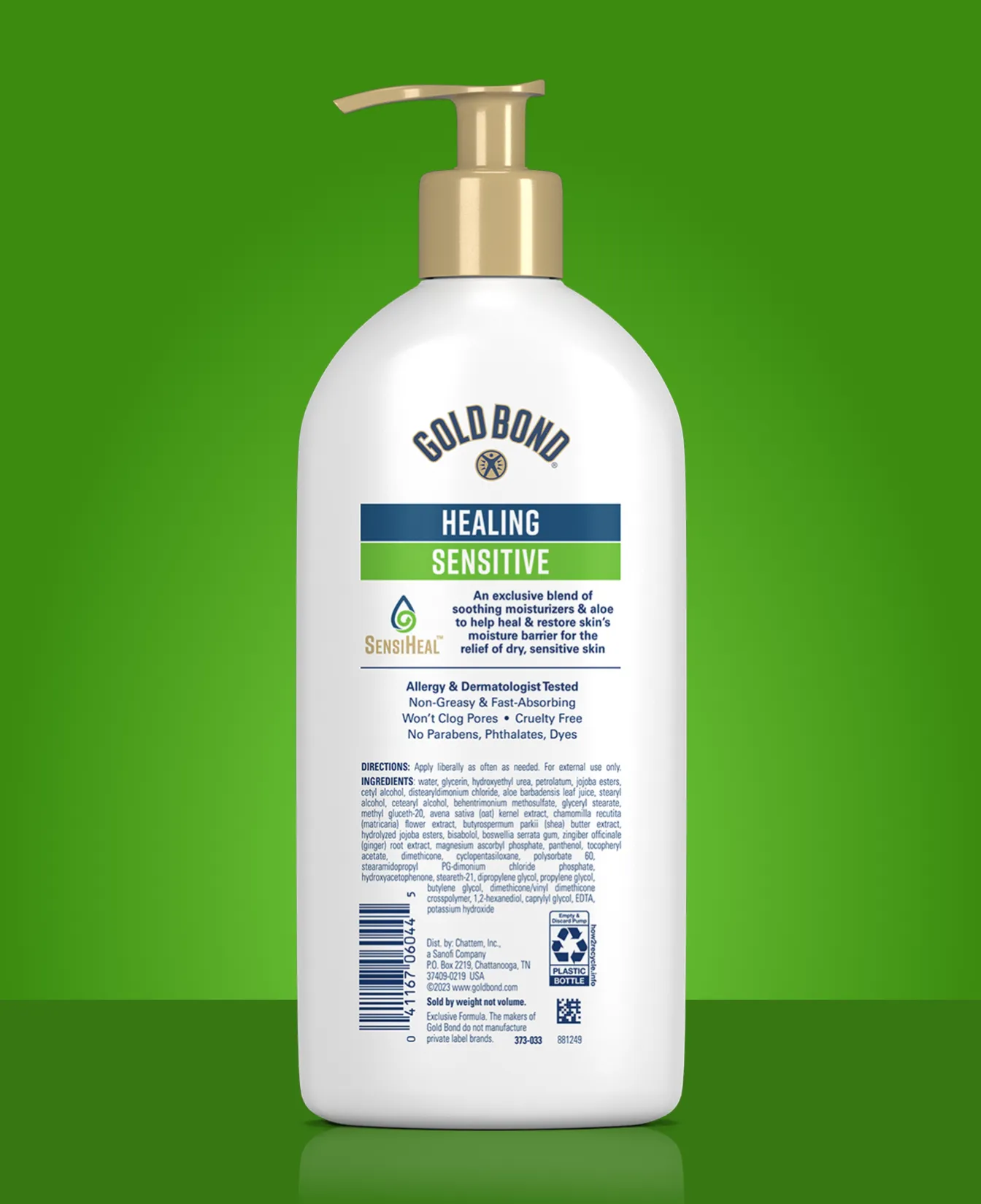 Packaging of Gold Bond® Healing Sensitive Daily Body & Face Lotion and benefit statements.