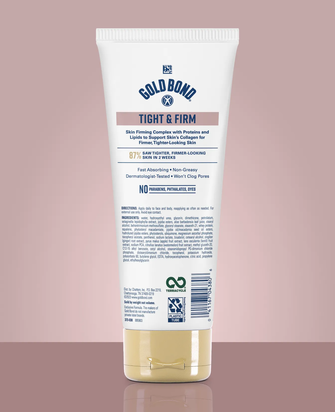 Packaging of Gold Bond® Tight & Firm Body & Face Lotion and benefit statements.