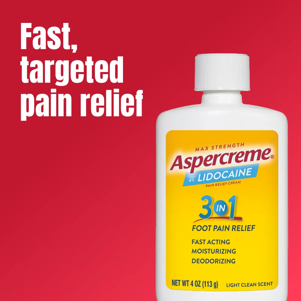 Aspercreme® Lidocaine Pain Relief Cream For Foot Pain products: front and back of product package, and front of the cream bottle