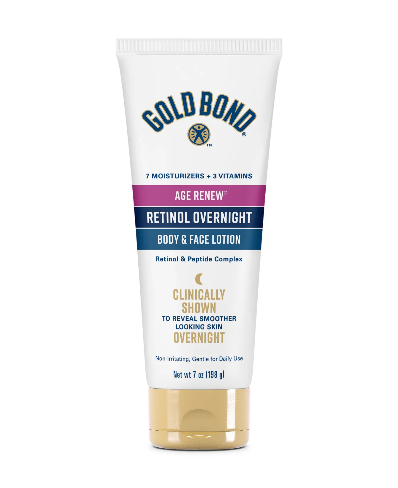 Packaging of Gold Bond® Age Renew Retinol Overnight Body & Face Lotion and benefit statements.