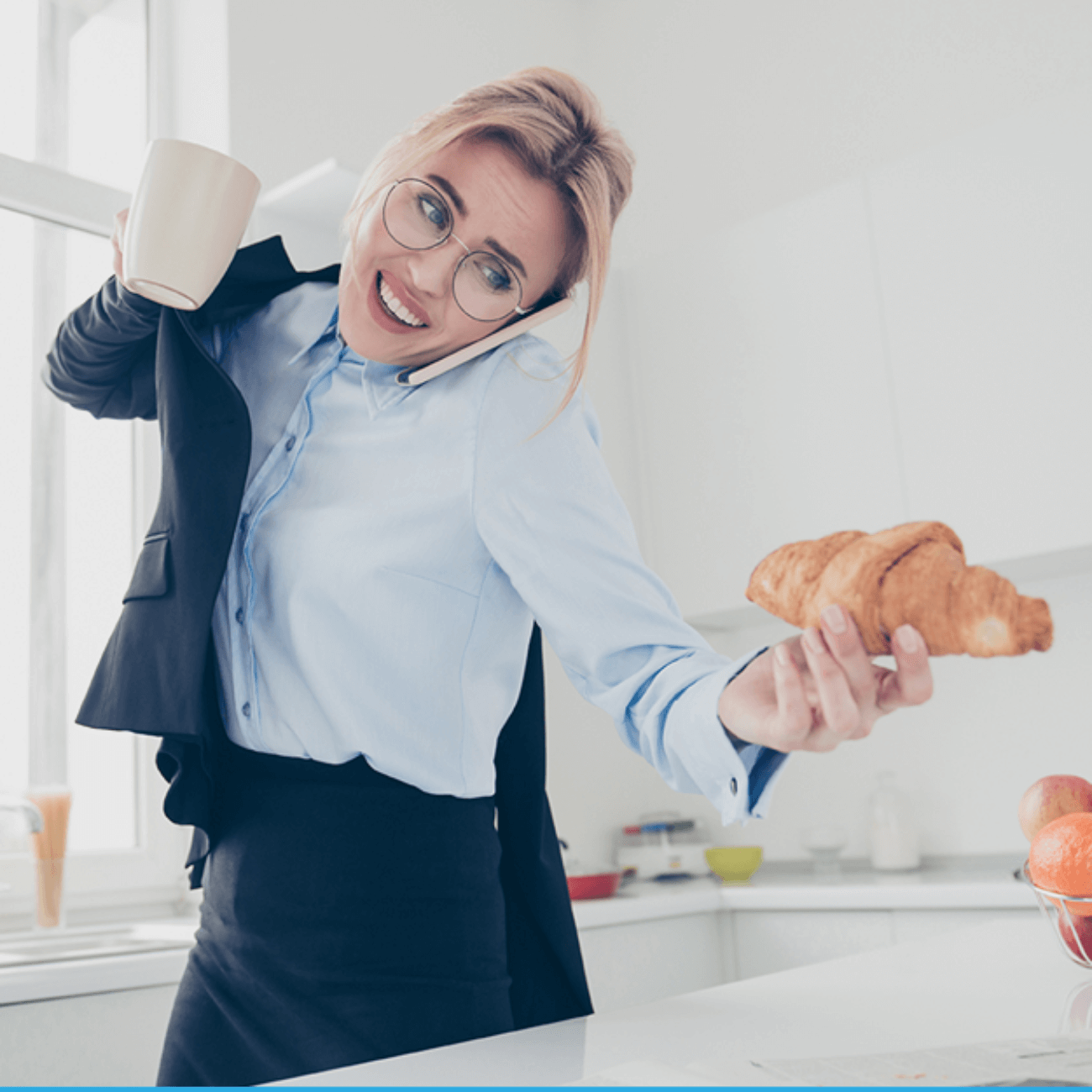 A blonde woman multitasking while getting ready and eating breakfast.