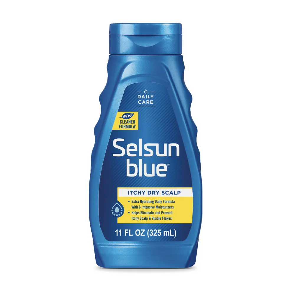 Packaging of Selsun blue® Itchy Dry Scalp Antidandruff Shampoo bottle and benefit statements.