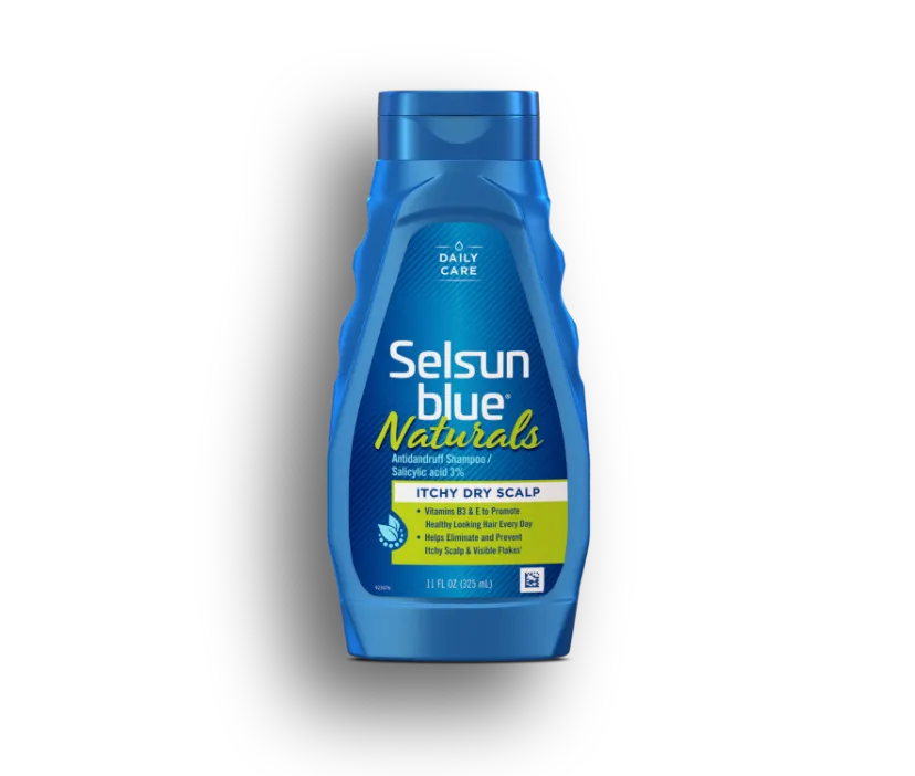 Bottle of Selsun blue® Naturals shampoo.