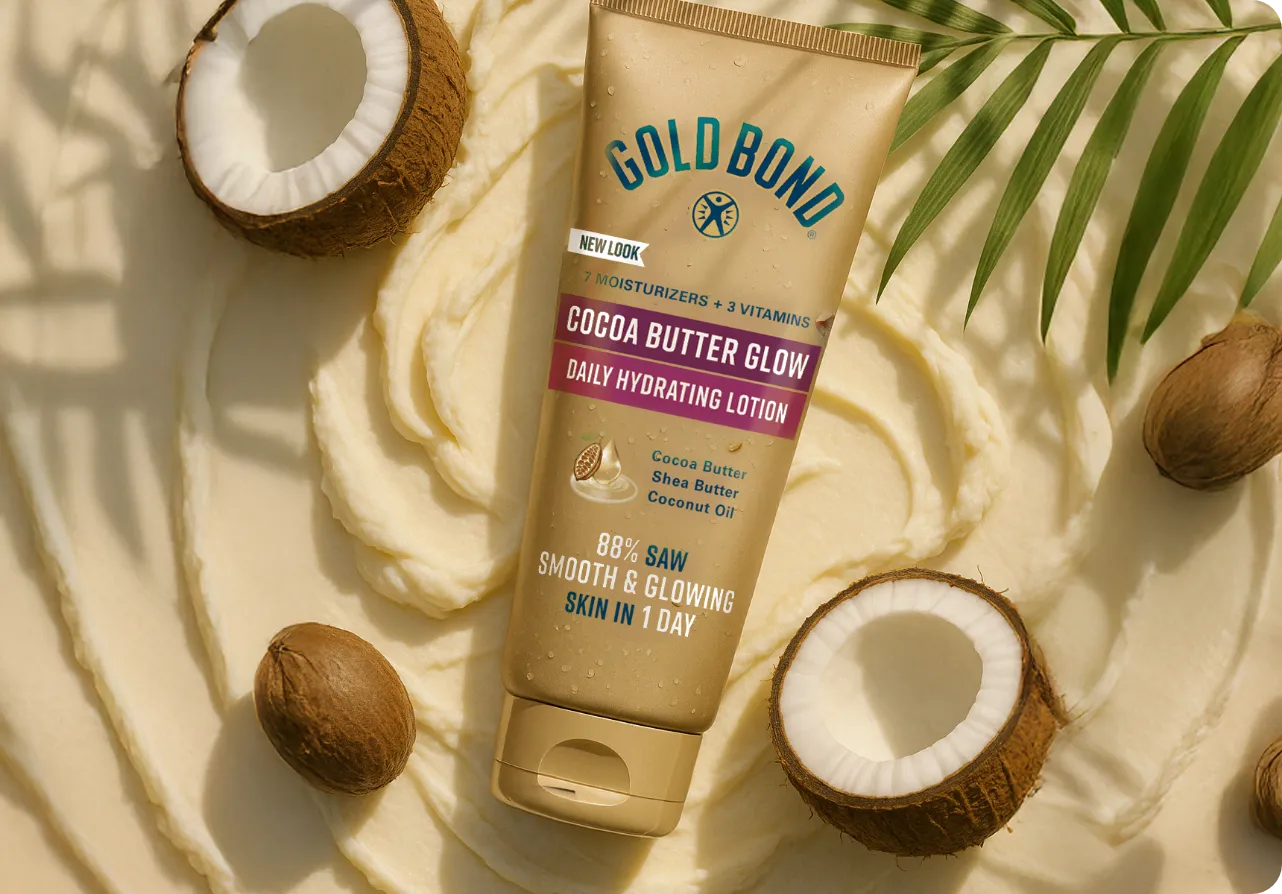 Front of packaging for Gold Bond Cocoa Butter Glow Daily Hydrating Lotion.