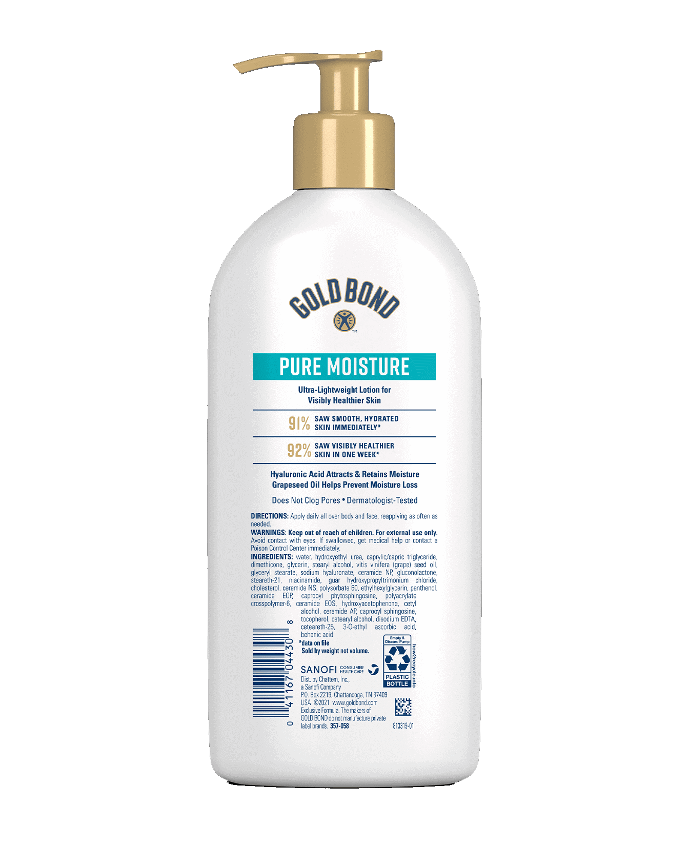 Back of Gold Bond Pure Moisture Body and Face Lotion bottle 14oz Pump