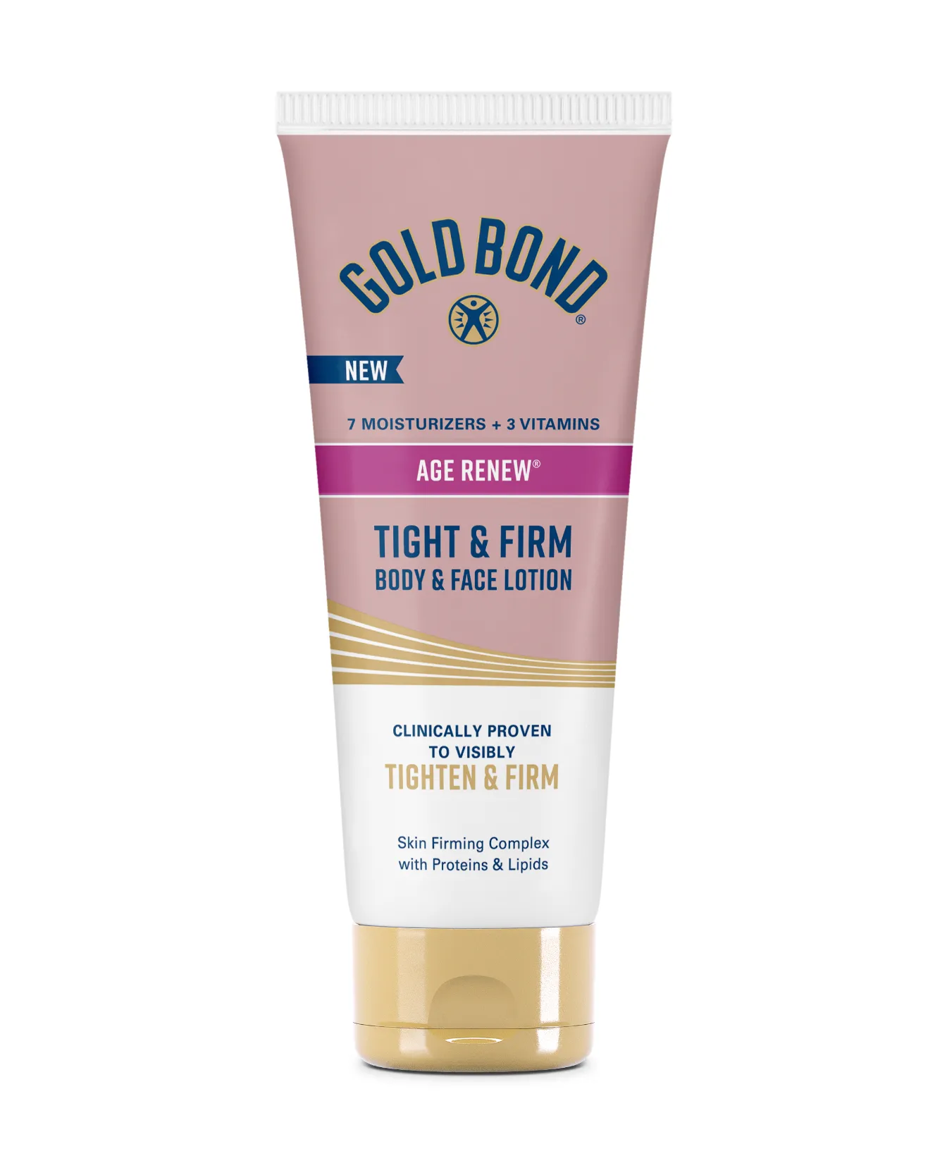 Packaging of Gold Bond® Tight & Firm Body & Face Lotion and benefit statements.
