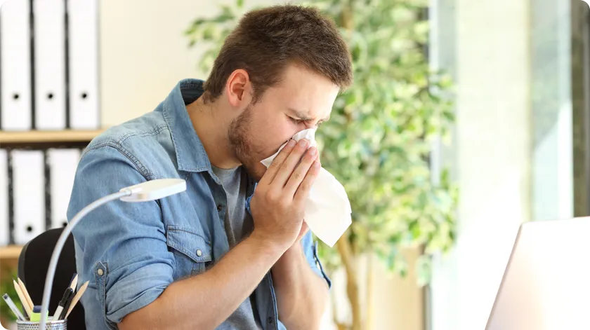 images of people, visibly affected by allergies.
