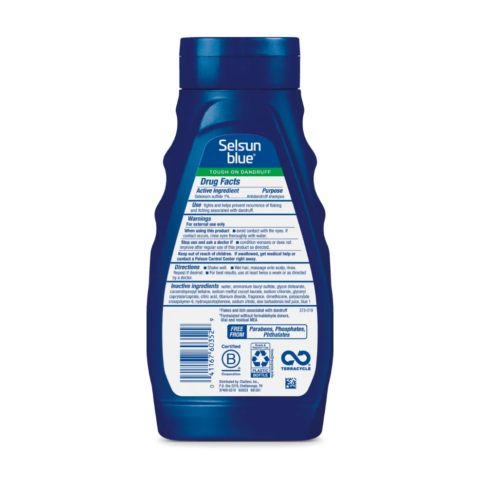 Packaging of Selsun blue® Moisturizing Antidandruff Shampoo bottle and benefit statements.