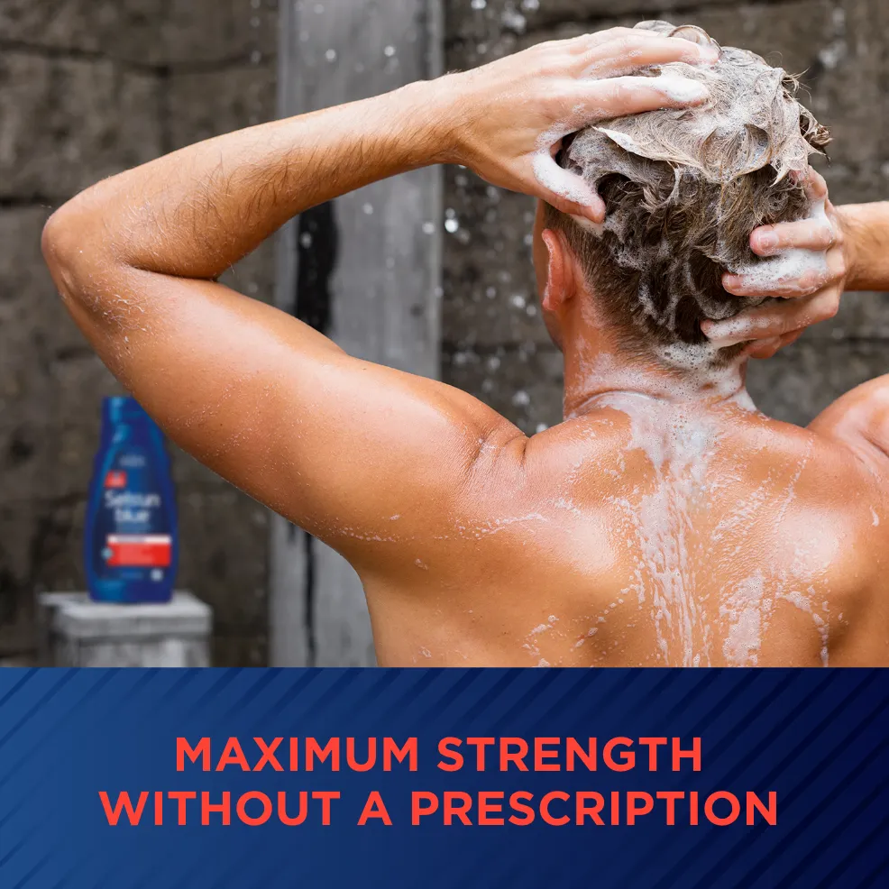 Packaging of Selsun blue® Medicated Antidandruff Shampoo bottle and benefit statements.