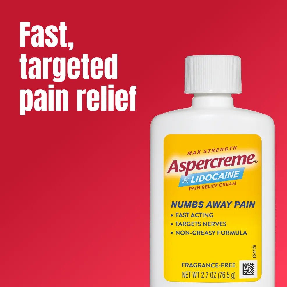 Aspercreme® Pain Relief Cream with Lidocaine products, and front and back of product packaging