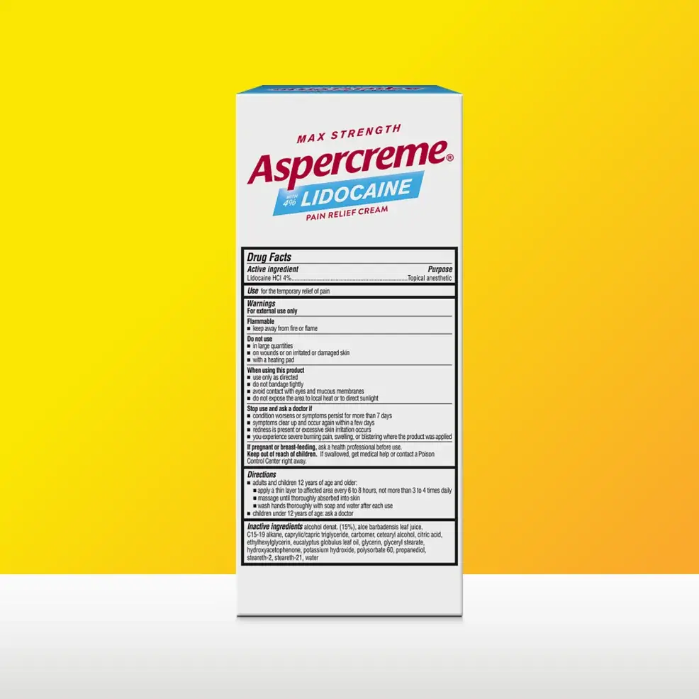 Aspercreme® Lidocaine Pain Relief Cream With Eucalyptus Essential Oil: back of packaging