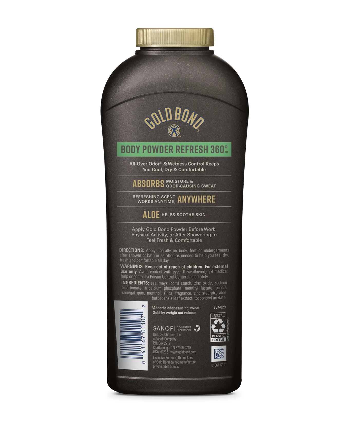 Back of Gold Bond Men's Essentials Body Powder - Refresh 360° scent bottle