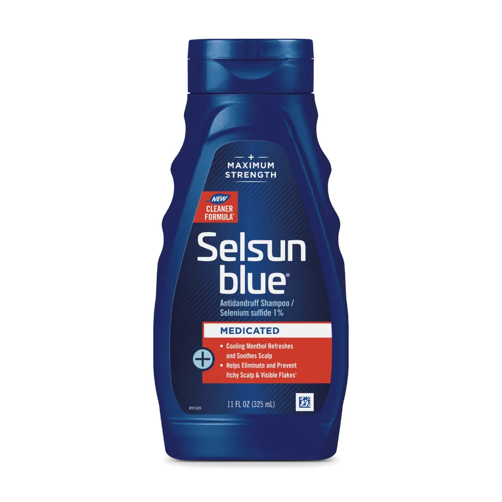 Packaging of Selsun blue® Medicated Antidandruff Shampoo bottle and benefit statements.