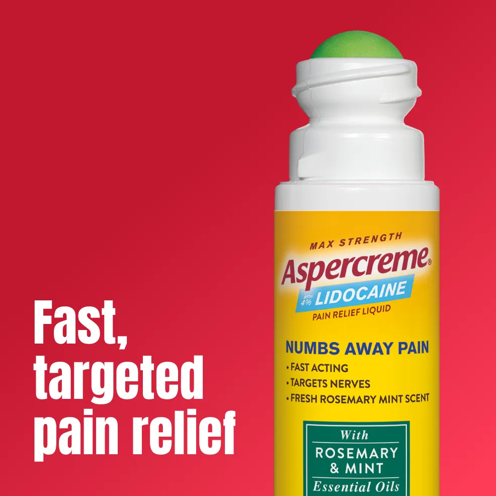 Aspercreme® Lidocaine Pain Relief Roll-On With Essential Oils products. Front and back of packaging and roll-on bottles