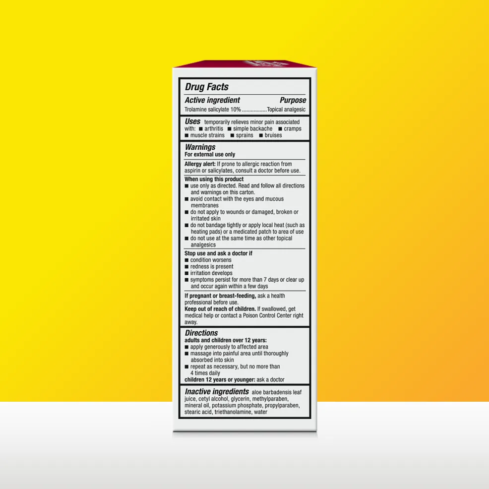 Aspercreme® Pain Relief Cream products: front and back of packaging and tube