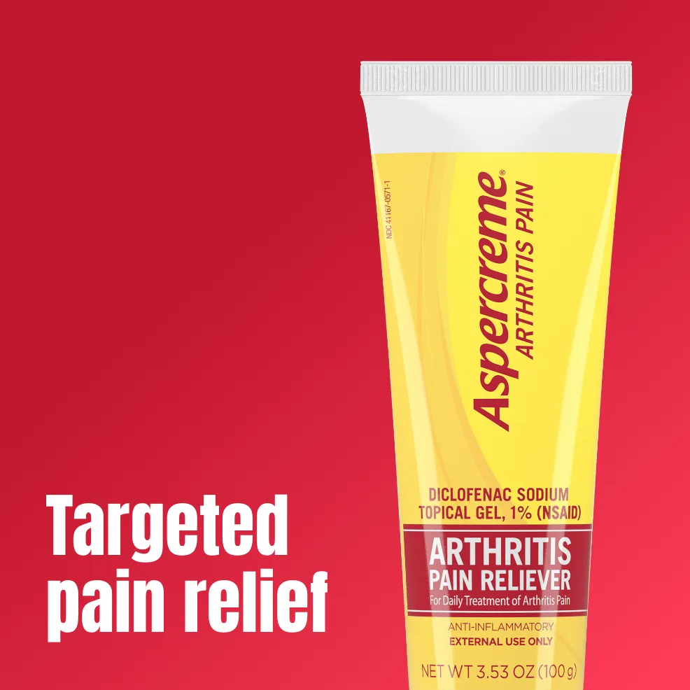 Aspercreme® Arthritis Pain Relief Gel products. Front and back of product packaging and product tube