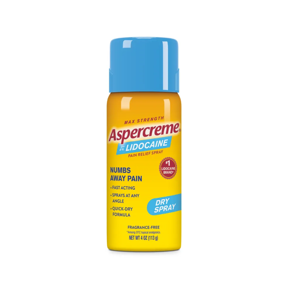 Aspercreme® Lidocaine Pain Relief Dry Spray front and back of product can