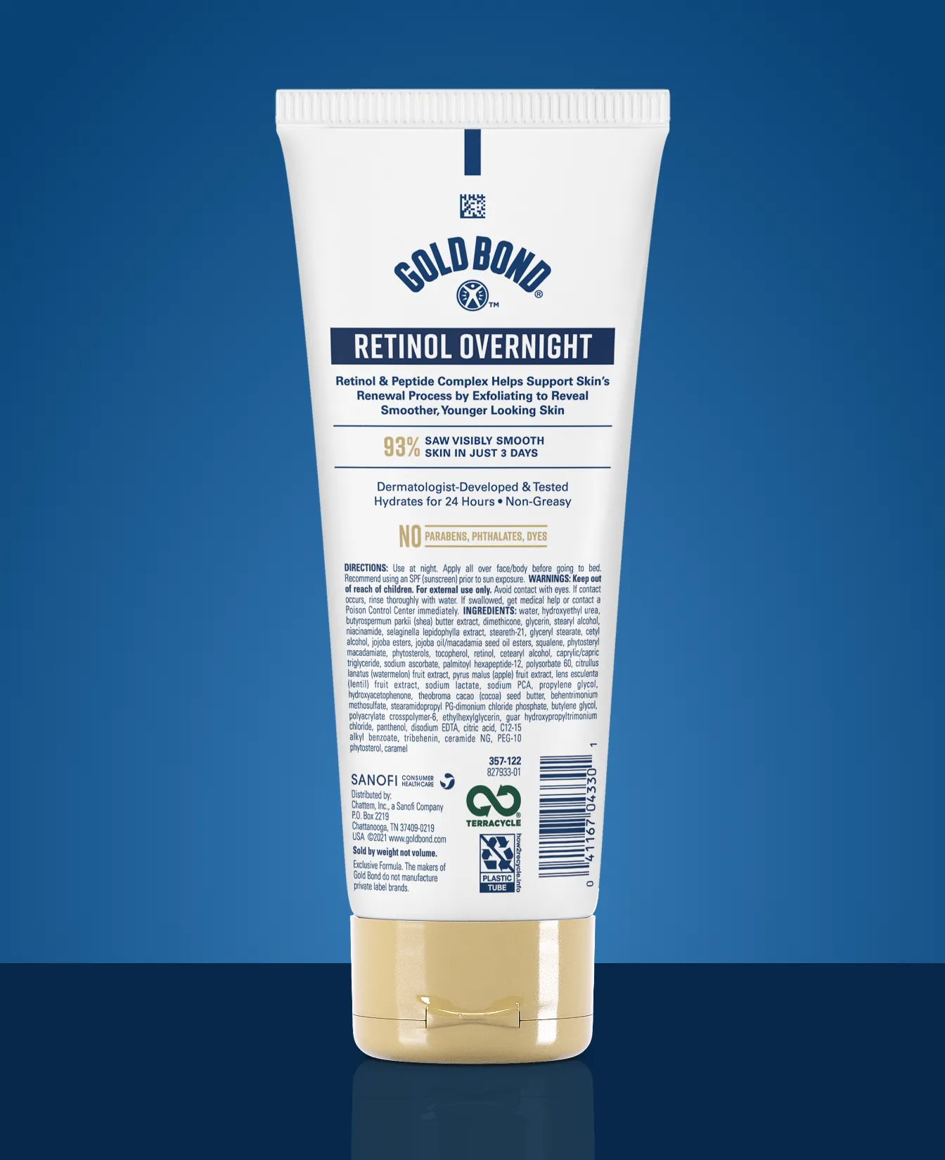 Packaging of Gold Bond® Age Renew Retinol Overnight Body & Face Lotion and benefit statements.