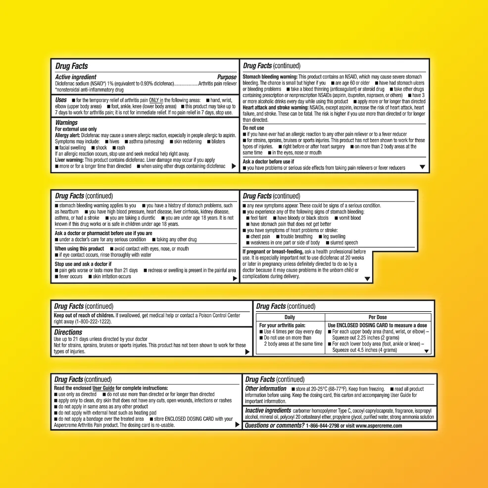 Aspercreme® Arthritis Pain Relief Gel products. Front and back of product packaging and product tube