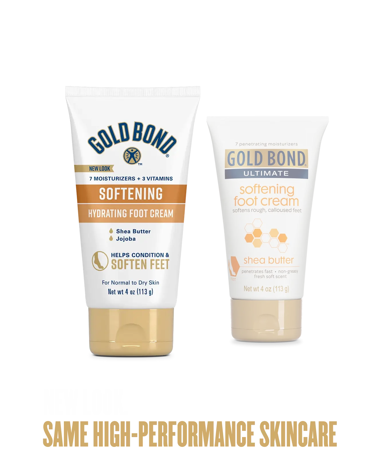 Front of Gold Bond Softening Foot Cream tube (Old vs. New)