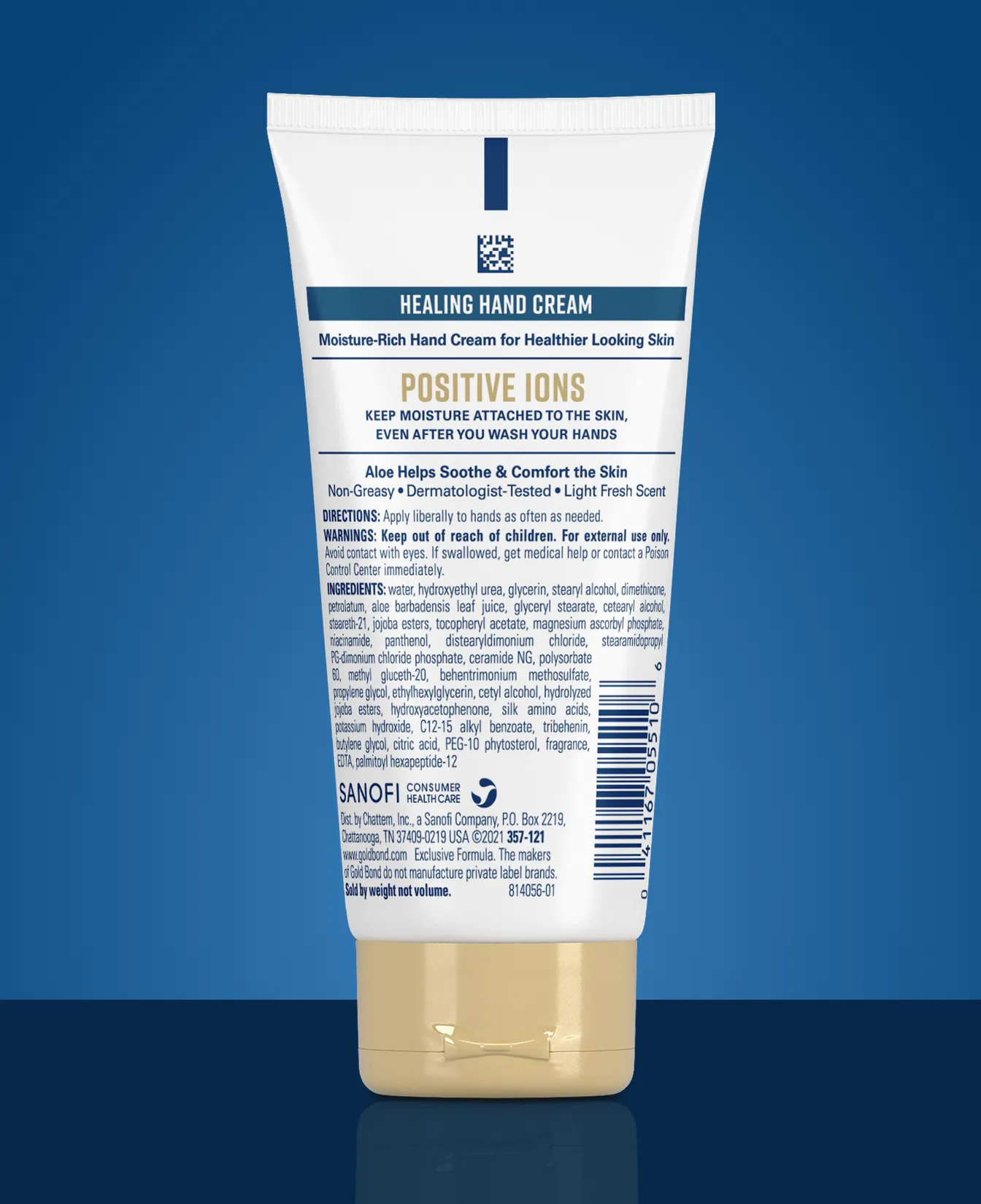 Packaging of Gold Bond® Healing Hand Cream and benefit statements.