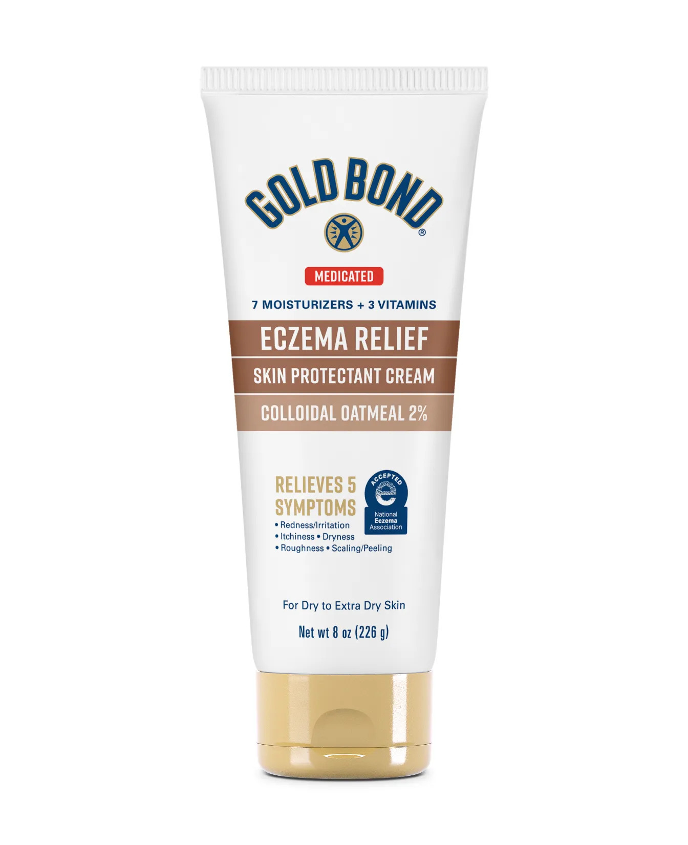 Packaging of Gold Bond® Eczema Relief Medicated Skin Protectant Cream/Lotion and benefit statements.