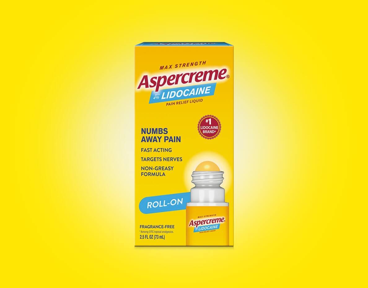 Aspercreme® Lidocaine Fragrance-Free Pain Relief Roll-On packaging