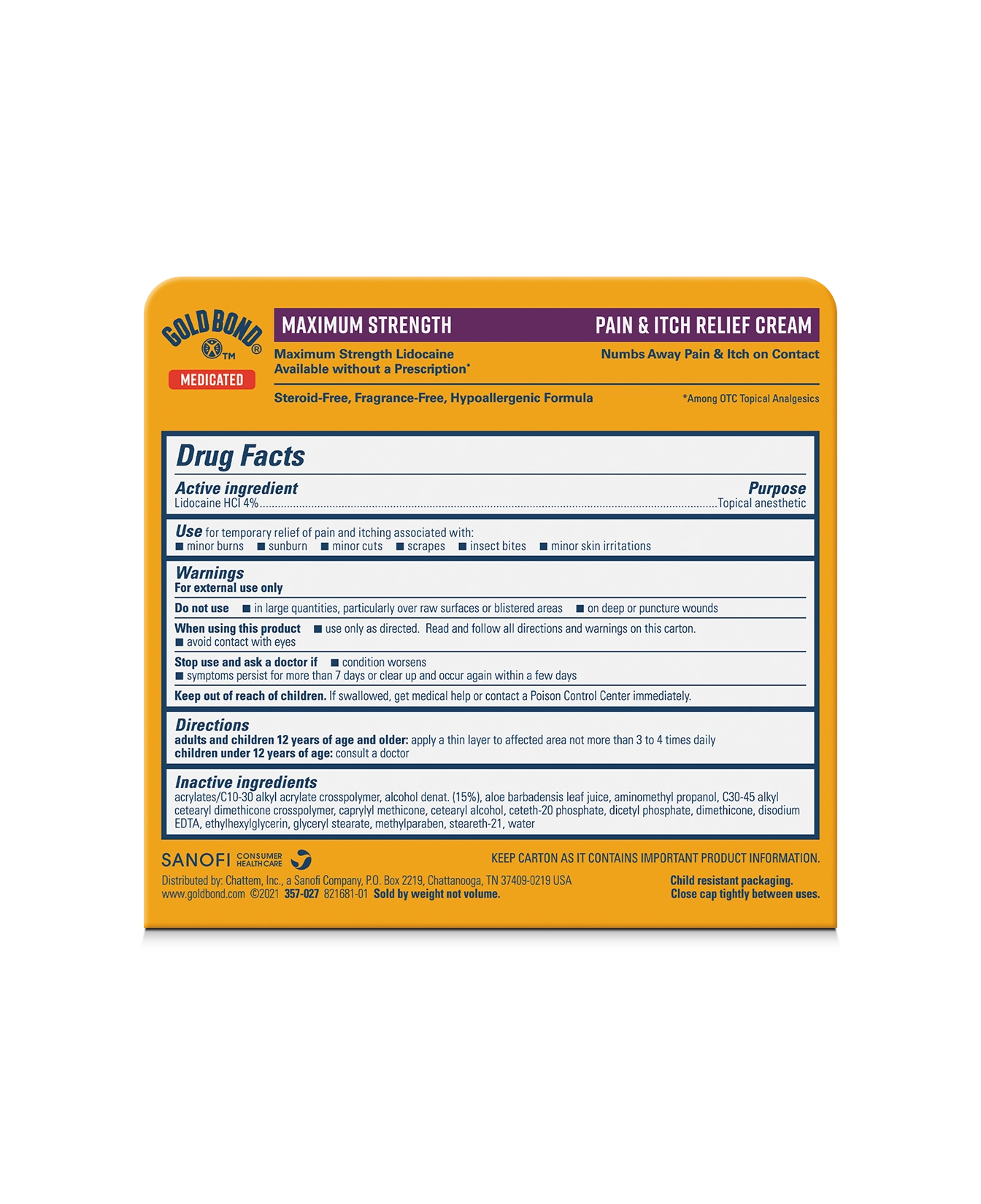 Back of Gold Bond Medicated Pain & Itch Relief Cream with Lidocaine box
