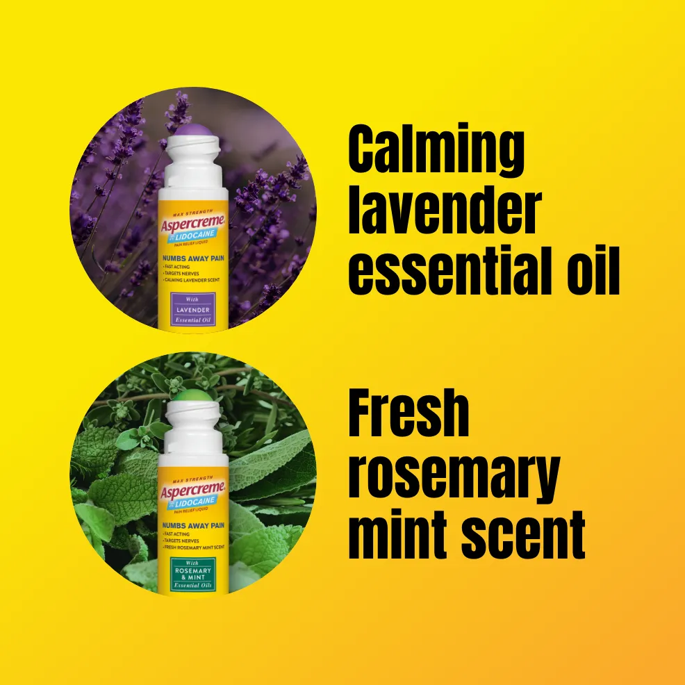 Aspercreme® Lidocaine Pain Relief Roll-On With Essential Oils products. Front and back of packaging and roll-on bottles