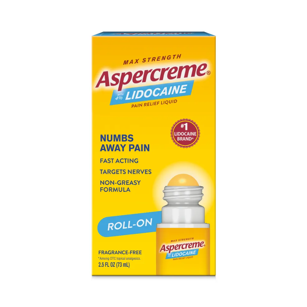 Aspercreme® Lidocaine Fragrance-Free Pain Relief Roll-On products and front and back of product packaging