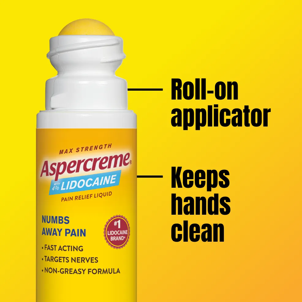 Aspercreme® Lidocaine Fragrance-Free Pain Relief Roll-On products and front and back of product packaging