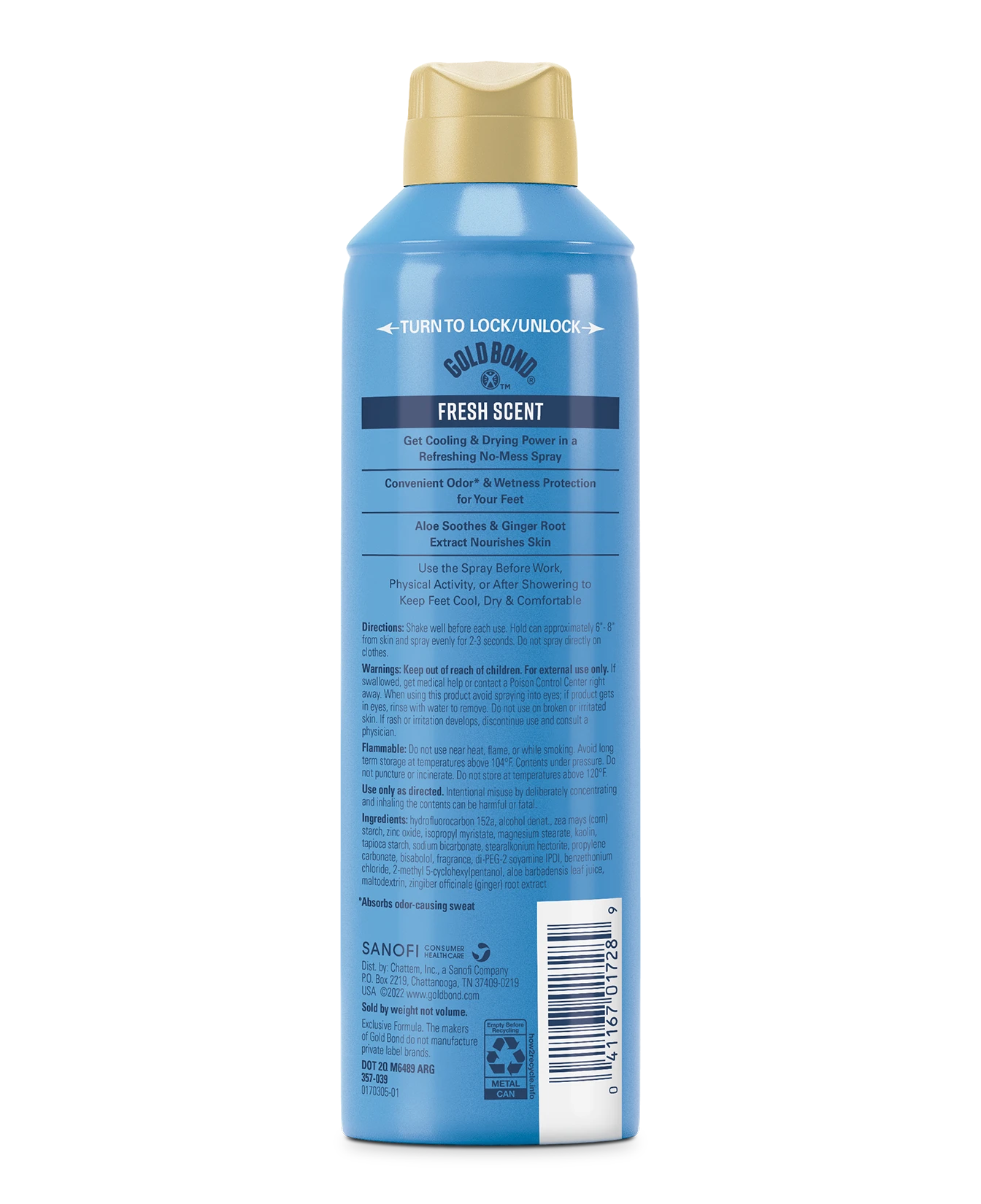 Back of Gold Bond No Mess Foot Powder Spray can