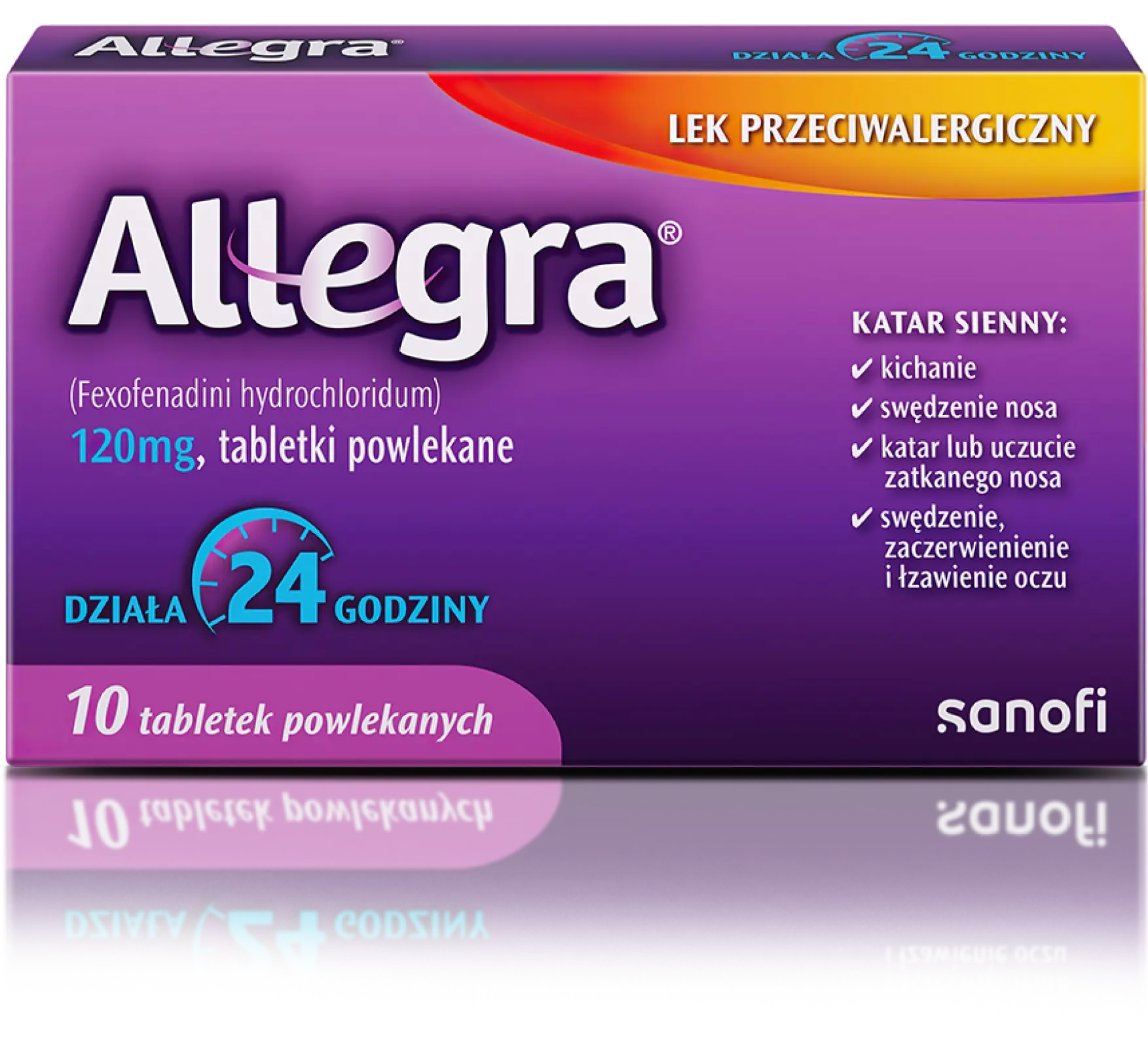 Zdjęcie produktu tabletki Allegra. Zawiera pieczęć z rokiem 1996 i znakiem wyboru.